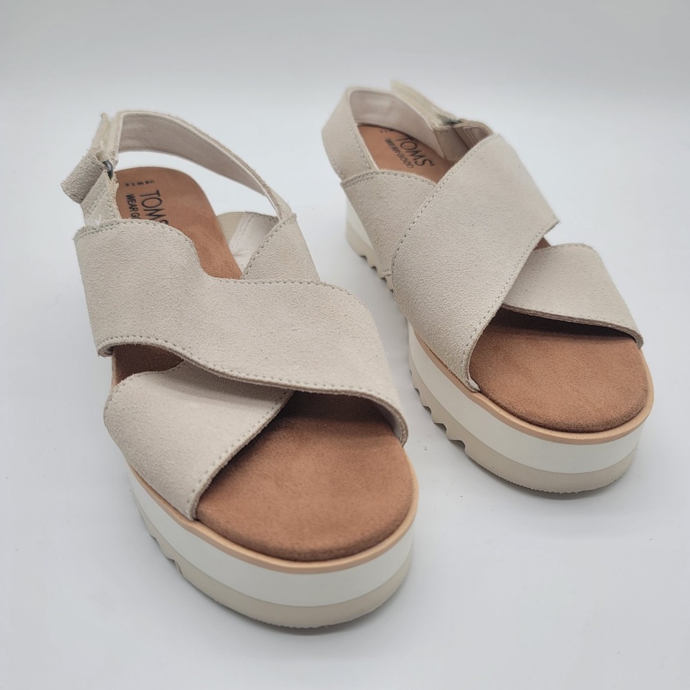 TOMS Leather Suede Platform Slingback Sandals Cream Women's 7.5 EU 38‎